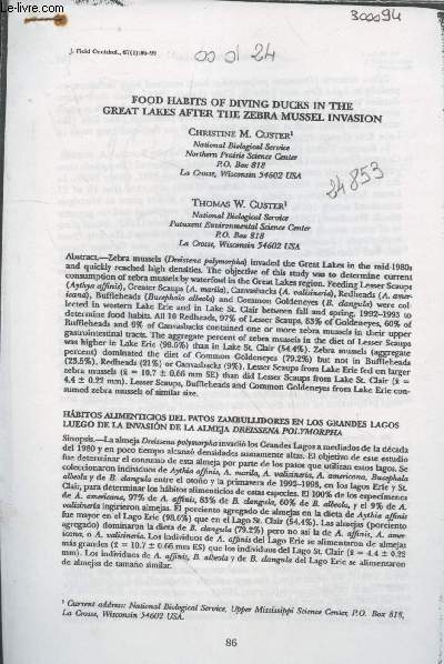 Aricle photocopoi extrait de J.Field Ornithol 67 (1) :Food habits of dinig ducks in the great lakes after the zebra mussel invasion.