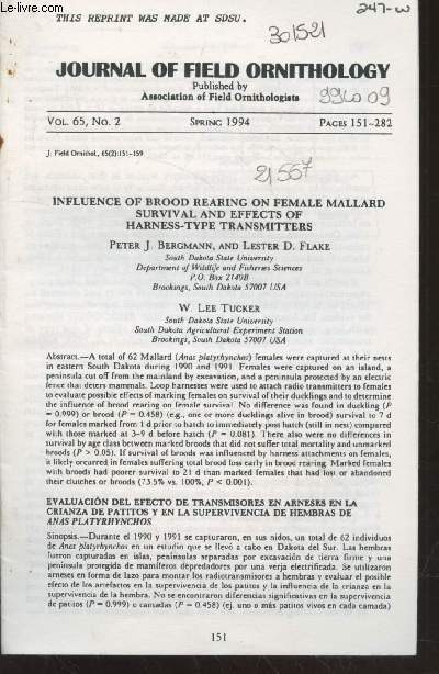 Journal of Field Ornithology Vol 65 n2 Spring 1994 : Influence of brodd rearing on female mallard survival and effectos to harness-type transmitters