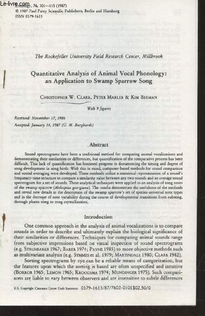 Article photocopi extrait de Ethology 79 (1987) : Quantitative Analysis of animal vocal phonology : an application to swamp Sparrow song.