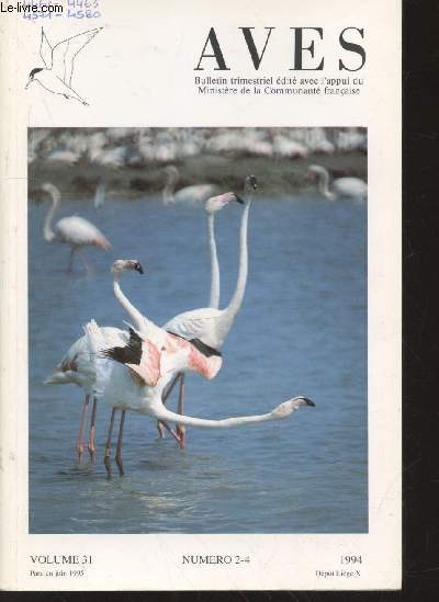 AVES Volume 31 n2-4 - 1994. Sommaire : Aperu des programmes de marquage d'oiseaux  l'aide de bagues de couleur, colliers et marques alaires en Europe - Journe d'tude Aves 1994 - etc.
