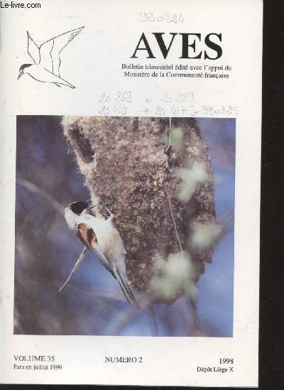 AVES Volume 35 n2 - Juillet 1999. Sommaire : La Rmiz penduline en Wallonie, volution du satut et analyse de la nidification en Basse-Meuse ligoise - Le Traquet tarier dans le sud de l'Entre-Sambre-et-Meuse : volution et rsultats de l'enqute 1997-98