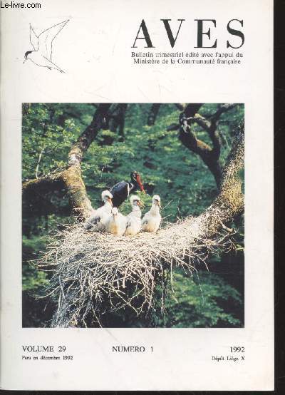AVES Volume 29 n1 Dcembre 1992. Sommaire : Le Cassenoix mouchet (Nucifraga caryocatactes) en Ardenne : Rpartition, effectifs, cadre bioggraphique - Notices bibliographiques - Recommandations aux auteurs -