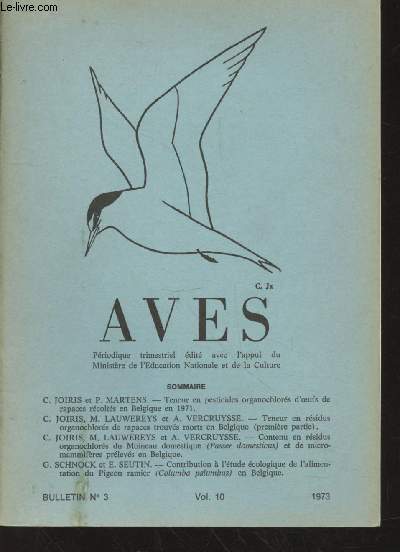 AVES Volume 10 Bulletin n3 - 1973. Sommaire : Teneur en pesticides organochlors d'oeufs de rapaces rcolts en Belgique en 1971 - Teneur en rsidus organochlors de rapaces trouvs morts en Belgique - etc.