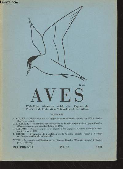 AVES Volume 10 Bulletin n2 - 1973. Sommaire : Nidification de la Cigogne blanche en 1972  Hachy - La signification cologique de la nidification de la Cigogne Blanche en Lorraine belge en 1972 - etc.