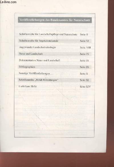 Verffentlichungen des Budesamtes fr Naturschutz. Sommaire : Schriftenreihe fr Landschaftspflege und Naturschutz - Angewandte Landschaftskologie - etc.