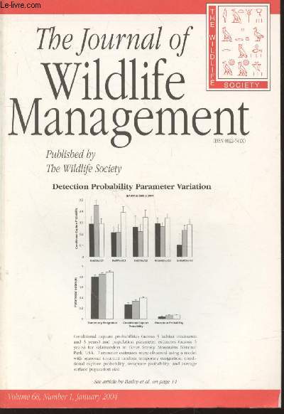 The Journal of Wildlife Management Volume 68 Number 1 January 2004 : Detection probabilty parameter variation. Sommaire: Effects of radiotransmitters on Northern Goshaxks : Do Tailmounts lower survival of breeding males ? - etc.