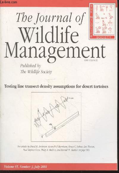The Journal of Wildlife Management Volume 65 Number 3 July 2001. Testing line transect density assumptions for desert tortoises. Sommaire: An eastern wild turkey population dynamics model for Virginia and West Virginia - etc.