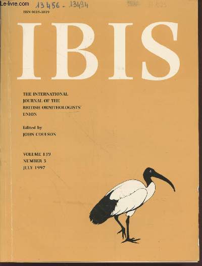 IBIS Volume 139 Number 3 July 1997. The International Journal of The Britsh Ornithologists Union. Sommaire : Incubation pattern and foraging effort in the female Water Pipit Anthus spinoletta - etc.