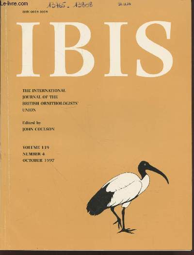 IBIS Volume 139 Number 4 October 1997. The International Journal of The Britsh Ornithologists Union. Sommaire : Seabirds attending bottom longline fisching off southeastern Brazil - etc.