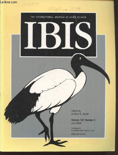 IBIS Volume 142 Number 3 July 2000. The International Journal of The Britsh Ornithologists Union. Sommaire : First nest record for the Seychelles (bare-legged) Scops Owl Otus insularis - Luna synchrony in the reproduction of the Moluccan Megapode - etc.