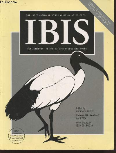 IBIS Volume 146 Number 2 April 2004. The International Journal of The Britsh Ornithologists Union. Sommaire : Remarks on the terminology used to describe developmental behaviour among the auks (Alcidae) with particular reference etc.