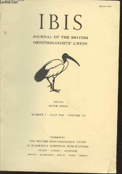 IBIS Volume 132 Number 3 July 1990 . The International Journal of The Britsh Ornithologists Union. Sommaire : Effects of food variability on growth rates, fledging sizes and reproductive success in the Yellow-eyed Penguin Megadyptes antipodes - etc.