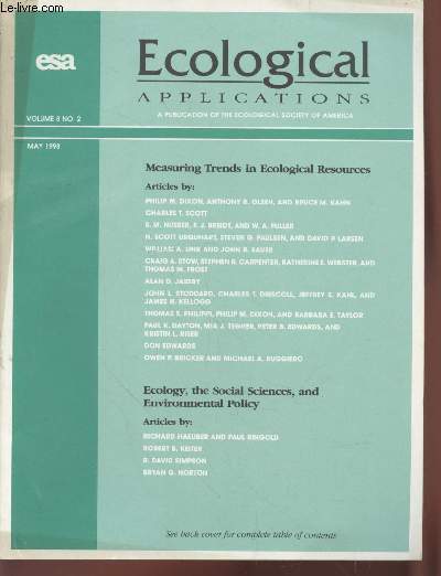 Ecology Volume 8 n2 May 1998. Measuring Trends in Ecological Resrouces. Sommaire : Ecosystems and the law : toward an integrated approach by Robert B.Keiter - Effect on canine distemper on an urban raccoon population etc.