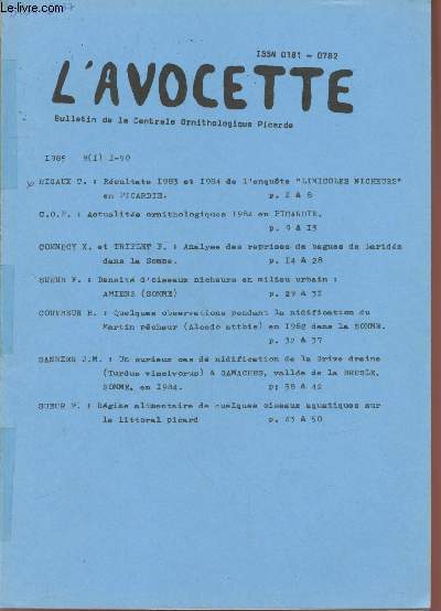 L'Avocette 1985 - 9 (1). Sommaire : Rsutlats 1983 et 1984 de l'enqute 