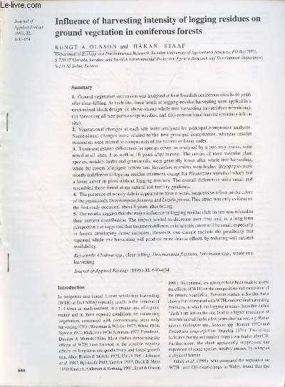Tir  part : Journal of Applied Ecology 1995 n32 : Influence of harvesting intensity of logging residues on ground vegetation in coniferous forests.