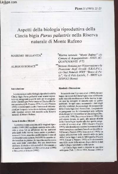 Tir  part : Picus n21 : Aspetti della biologia riproduttiva della Cincia bigia Parus palustris nella Riserva naturale di Monte Rufeno.