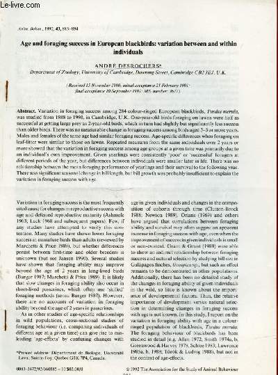 Tir  part : Anim.Behav n43 : Age and foraging success in European blackbirds : variation between and within individuals.