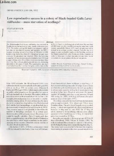 Tir  part : Ornis Svecica n2 : Low reproductive success in a colony of black-headed Gulls Larus ridibundus - mass starvation on nestlings ?