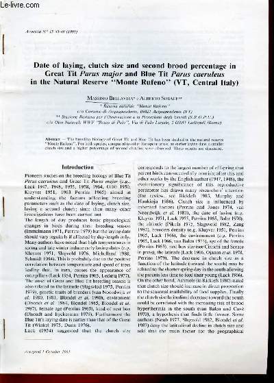 Tir  part : Avocetta n15 : Date of laying, clutch size and second brood percentge in Great Tit Parus major and Blue Tit Parus caeruleus in the Natural Reserve 