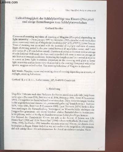 Tir  part : kol Vgel (Ecol.Birds) n18 : Lichtabhngigkeit der Schlafplatzflge von Elstern (Pica pica) und einige Bemerkungen zum Schlafplatzverhalten.