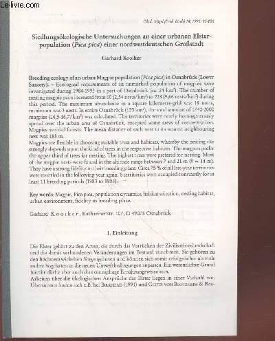 Tir  part : kol. Vgel. (Ecol. Birds) n18 : Siedlungskologische Untersuchungen an einer urbanen Elster-population (pica pica) einer nordwestdeutschen GroBstadt.