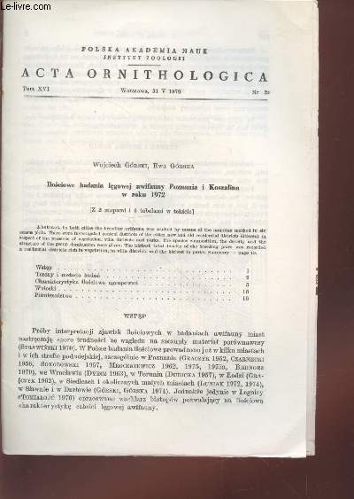 Tir  part : Acta Ornithologica Tom XVI n20 : Ilosciowe badania legowek awifauny Poznania i Koszalina w roku 1972.