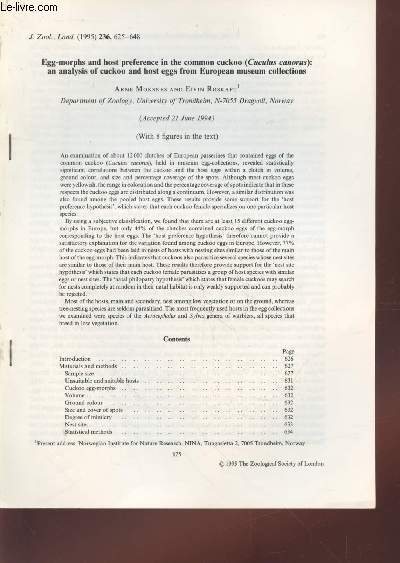 Tir  part : J.Zool.Lond n236 : Egg-morphs and host preference in the common cuckoo (Cuculus canorus) : an analysis of cuckoo and host eggs from European museum collections.