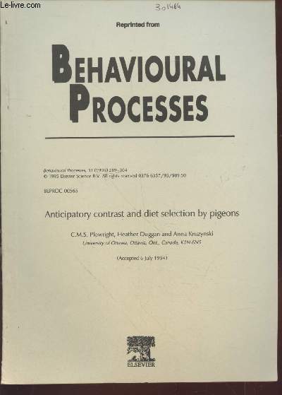 Tir  part : Behavioural Processes n33 : Anticipatory contrast and diet selection by pigeons.