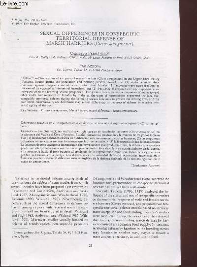 Tir  part : Journal Raptor Research Vol.28 n1 : Sexual differences in conspecific territorial defense of Marsh harriers (Circus aeruginosus)