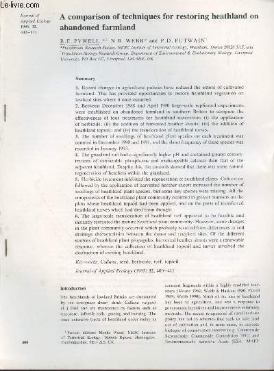 Tir  part : Journal of Applied Ecology n32 : A comparison of techniques for restoring heathland on abandoned farmland.