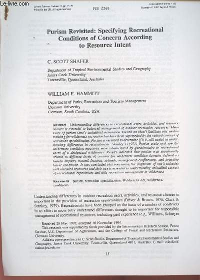 Tir  part : Leisure Sciences Vol. 17 : Purism revisited : Specifyng recreational conditions of concern according to resource intent.