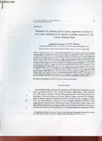 Tir  part : J.Exp. Mar. Biol.Ecol. n169 : Predation by Herring Gulls (Larus argentatus Coues) on two rocky intertidal crab species [Carcinus maenas (L.) & Cancer irroratus Say]
