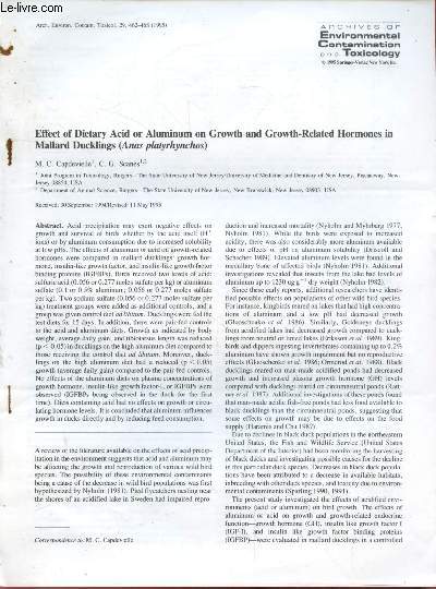 Tir  part : Archives of Environmental Contamination and Toxicology n29 : Effect of dietary acid or aluminium on growth and growth-related hormones in Mallard ducklings (Ana platyrhynchos).