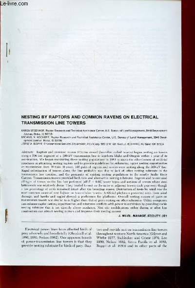 Tir  part : J. Wildl. Manage. Vol. 57 n2 : Nesting by raptors and common ravens on electrical transmission line towers.