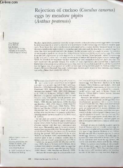 Tir  part : Behavioral Ecology Vol.4 n2 : Rejection of cuckoo (cuculus canorus) eggs by meadow pipits (Anthus pratensis)