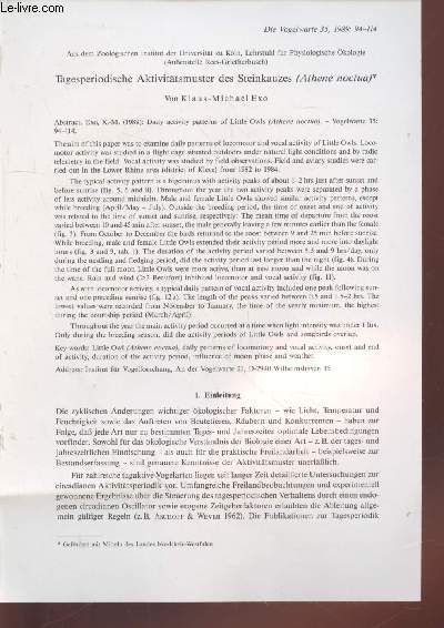 Tir  part : Die Vogelwarte n35 : Tagesperiodische Aktivittsmuster des Steinkauzes (Athene noctua)