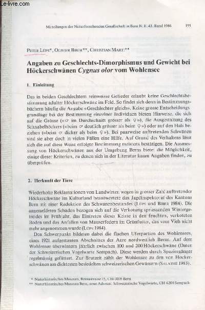 Tir  part : Mitteilungen der Naturforschenden Gesellschaft in Bern N.F. 43 : Angaben zu Geschlechts-Dimorphismus und Gewicht bei Hckerschwnen Cygnus olir vom Wohlensee.
