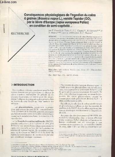 Tir  part : Recueil de Mdecine Vtrinaire Septembre 1991 : Consquences physiologiques de l'ingestion du colza  graines (Brassica napus L.), varit Tapidor (OO), par le livre d'Europe (Lepus europaeus Pallas) en condition de semi-captivit.