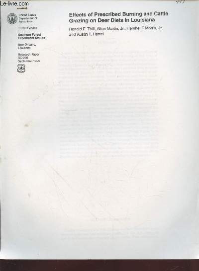 Photocopies : Research Paper SO-289 : Effects of prescribed Burning and cattle grazing on deer diets in Louisiana.