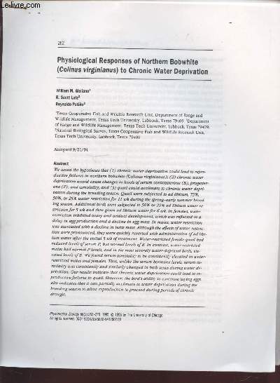 Tir  part : Physiological Zoology Vol.68 n2 : Physiological responses of northern bobwhite (Colinus virginianus) to chronic water deprivation.