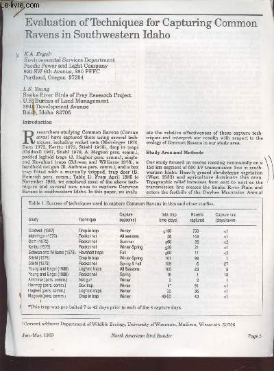 Tir  part : North American Bird Bander Vol.14 n1 : Evaluation of techniques for capturing common ravens in southwestern Idaho.