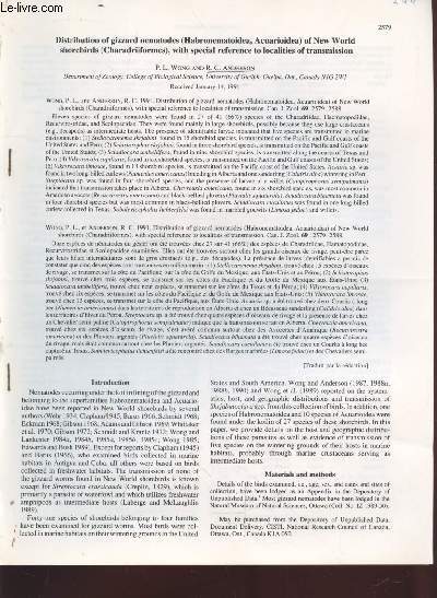 Tir  part : Can. J .Zool n69 : Distribution of gizzard nematodes (Habronematoidea, Acuarioidea) of New World shorebirds (Charadriiformes) with special reference to localities of transmission.