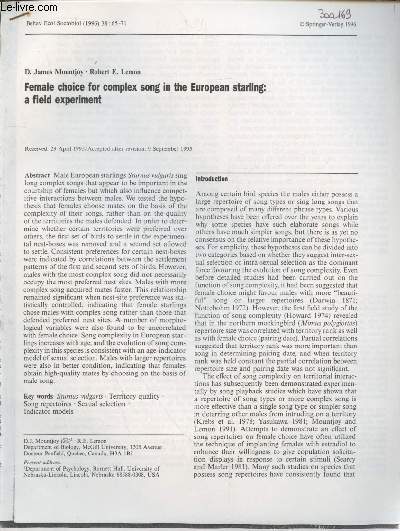 Tir  part : Behav. Ecol. Sociobiol n38 : Female choice for complex song in the European starling : a field experiment.