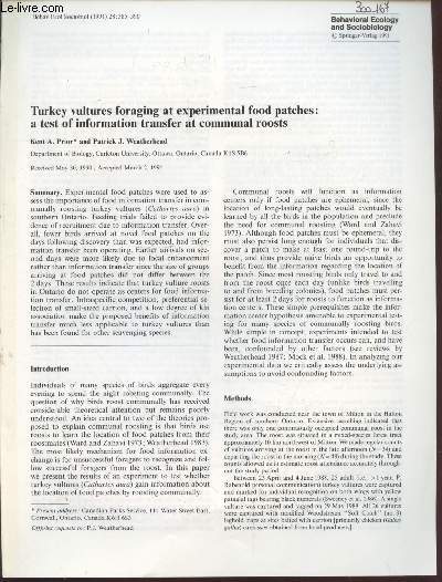 Tir  part : Behav. Ecol. Sociobiol. n28 : Turkey vultures foraging at experimental food patches : a test of information transfer at communal roosts.