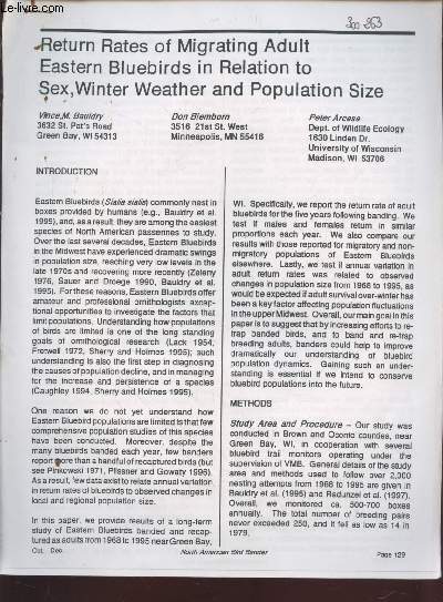 Tir  part : North American Bird Bander Vol.21 n4 : Return rates of migrating adult eastern bluebirds in relation to sex, winter weather and population size.