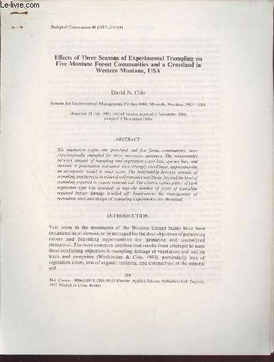 Tir  part : Biological Conservation Vol.40 : Effects of three seasons of experimental trampling on five Montane Forest Communities and a Grassland in Western Montana, USA