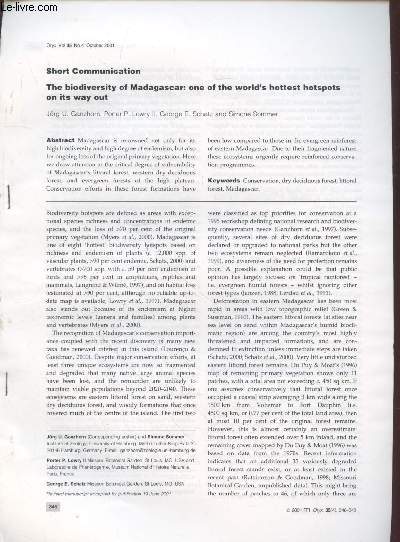 Tir  part : Oryx Vol.35 n4 : Short Communication - The biodiversity of Madagascar : one of the world's hottest hotspots on its way out.