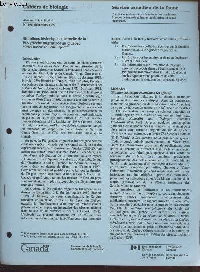 Tir  part : Cahiers de biologie n196 : Situtations historique et actuelle de la Pie-griche migratrice au Qubec