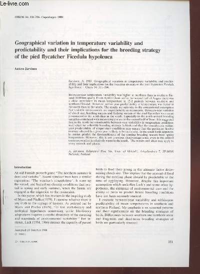 Tir  part : OIKOS n54 : Geographical variation in temperature variability and predictability and thier implications for the breeding strategy of the pied flycatcher Ficedula Hypoleuca.