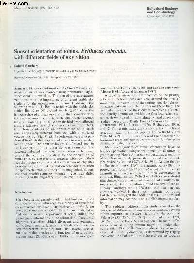 Tir  part : Behavioral Ecology and Sociobiology n28 : Sunset orientation of robins, Erithacus rubecula, with different fields of sky vision.